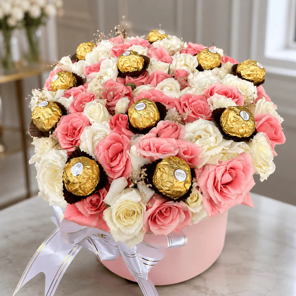 Bloom Couture Grande pink and white flower box with Ferrero Rocher chocolates for flower delivery in Tangier